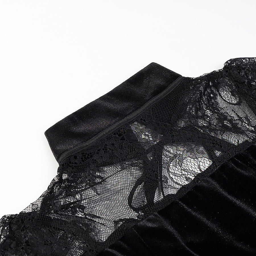 Damen Abendkleid mit transparenten Spitzenärmel und Rüschensaum EB