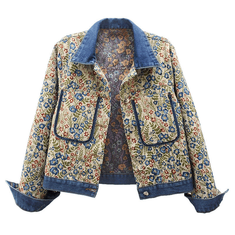 Damen Blumenmuster Denimjacke mit aufgesetzten Taschen und Kragen EB
