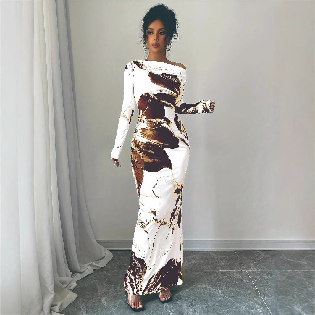 Damen Elegantes Maxikleid mit asymmetrischem Design und modernem Druck EB