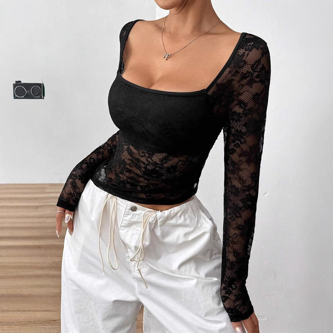 Damen Transparente Spitzenbluse mit langen Ärmeln und elegantem Ausschnitt EB