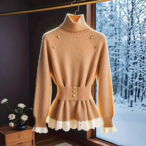 Damen eleganter Strickpullover mit hochgeschlossenem Kragen und dekorativen Knopfdetails EB