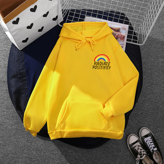 Damen nan lockerer Kapuzenpullover mit Regenbogen-Motiv, weichem Fleecefutter und Kängurutasche EB