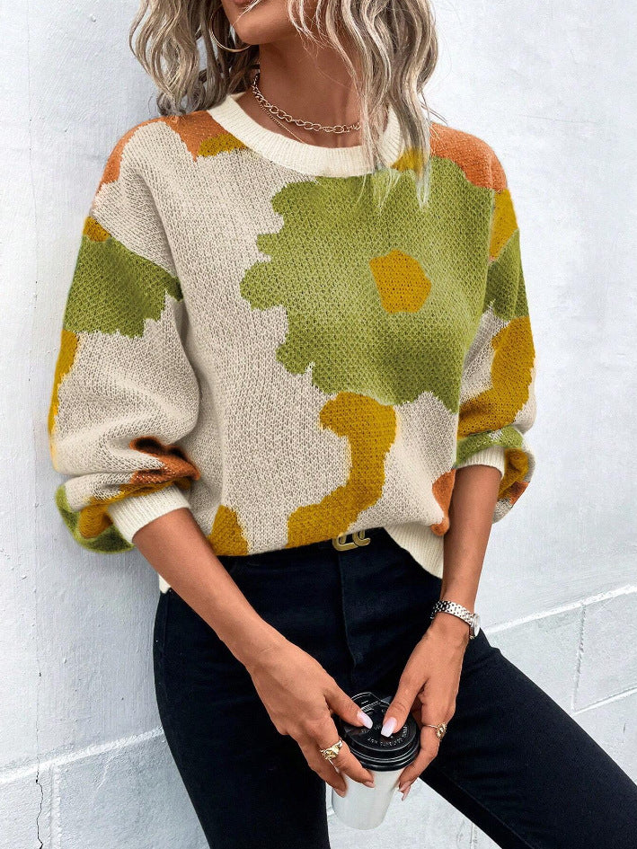 EB | Pullover Pullover Strickstoff Lockere Passform Rundhals Ballonärmel Gemustert
