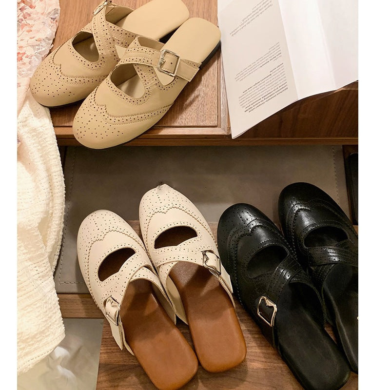 Damen offene Mules mit modischem Riemen und eleganter Perforation EB