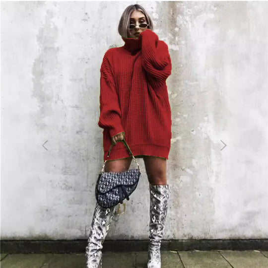 Damen Oversized Strickpullover im strukturierten Look mit hohem Kragen EB