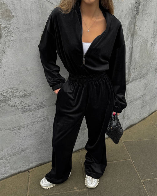 Damen Velours-Overall mit Reißverschluss, elastischem Taillenbund und weitem Palazzo-Bein EB
