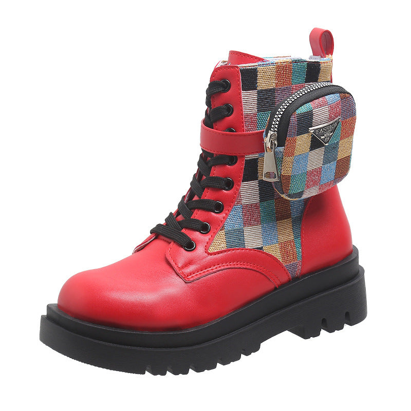 Damen modische Schnürstiefeletten mit buntem Riemendesign und praktischer Seitentasche EB