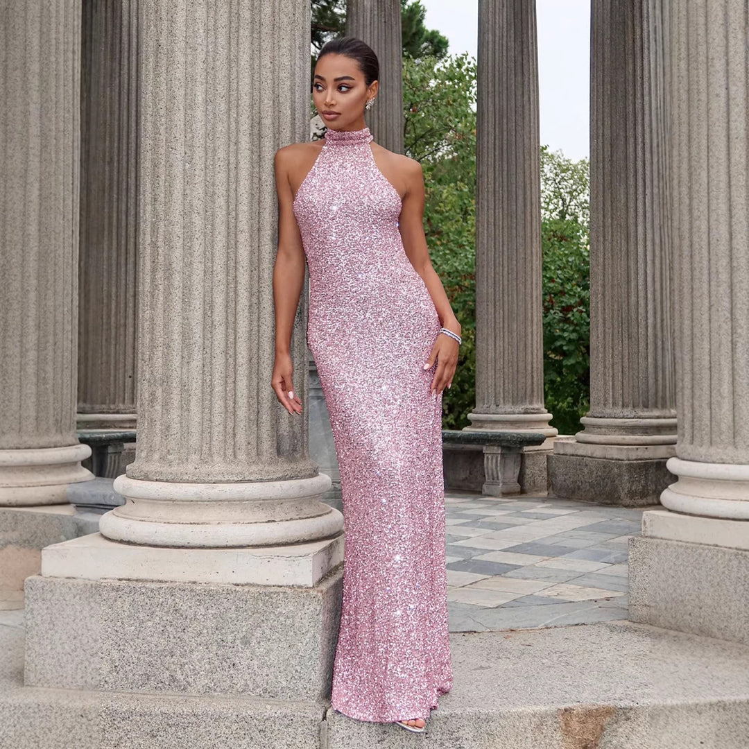 Damen Glitzerndes Abendkleid mit hohem Kragen und figurbetontem Schnitt EB