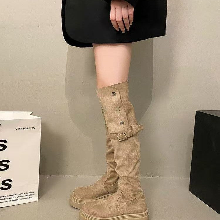 Damen Overknee-Stiefel mit modernem Riemen-Design und bequemer Plattformsohle EB
