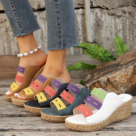 Damen Wedge-Pantoletten mit buntem Riemendesign und Korksohle EB