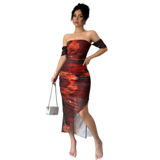 Damen elegantes Off-Shoulder Kleid mit raffinierten Rüschen EB