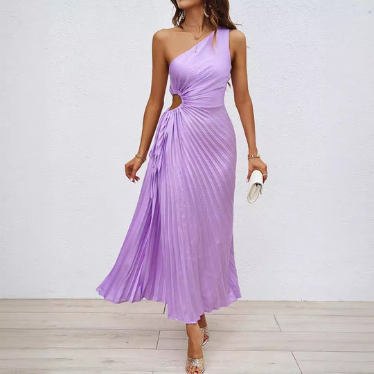Damen Plissiertes Maxikleid mit asymmetrischem Schnitt und eleganter Drapierung EB