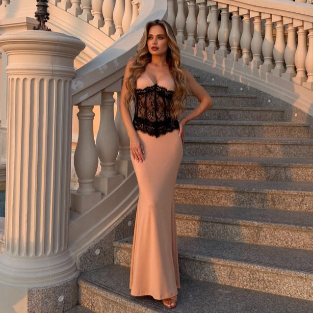 Damen Abendkleid mit elegantem Bustier und floralem Spitzenoberteil EB