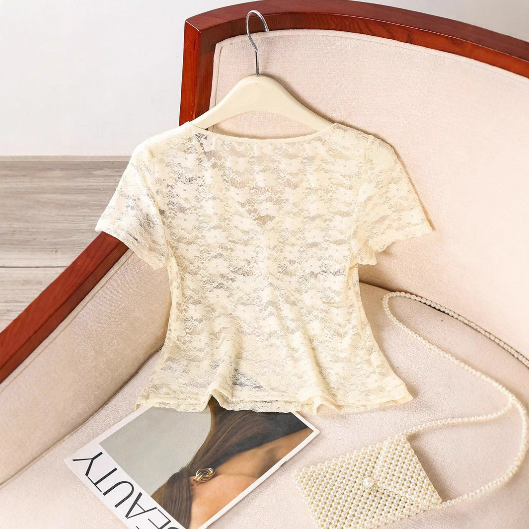 Damen Spitze Oberteil mit V-Ausschnitt und gerafftem Design EB