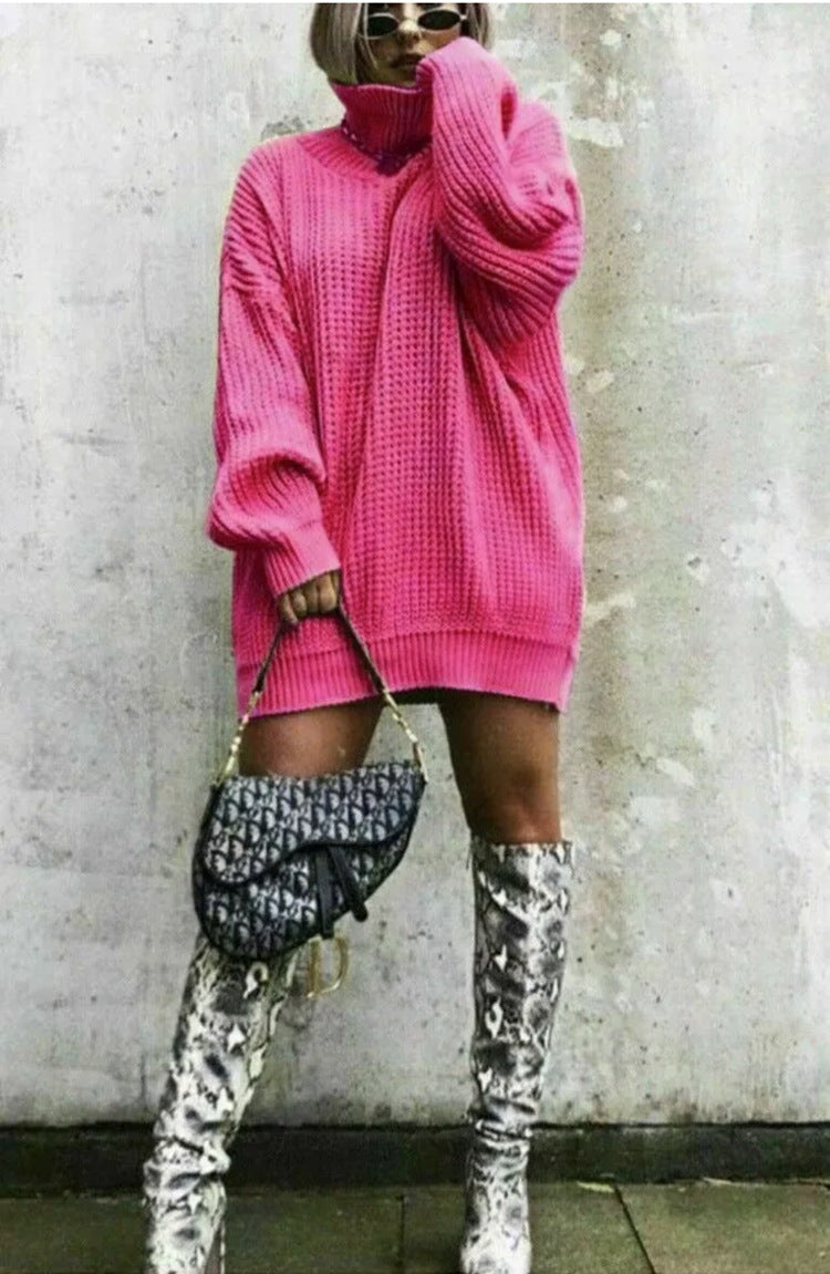 Damen Oversized Strickpullover mit hohem Kragen und Waffelmuster EB
