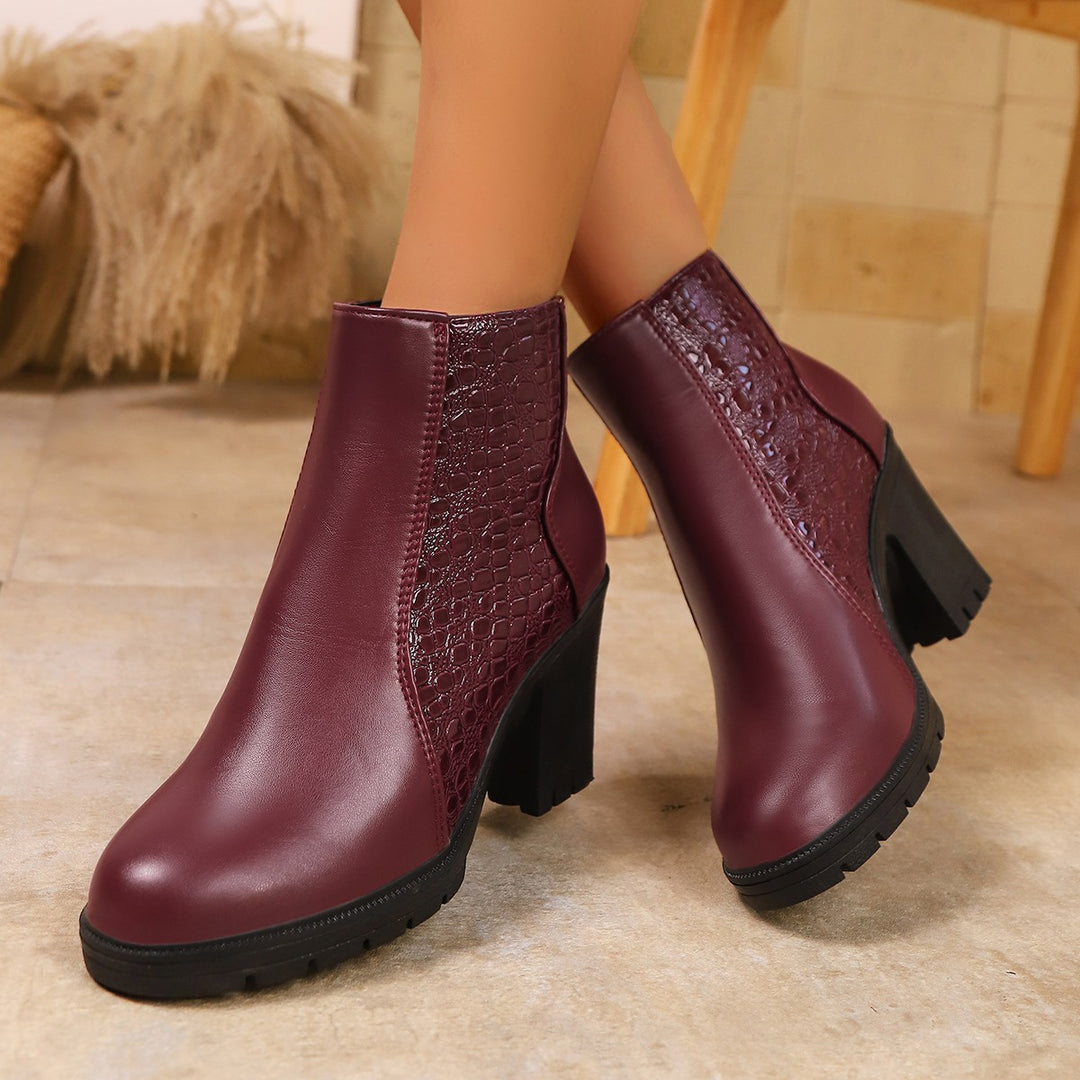 Damen  stylische Ankle-Boots mit Krokoprägung und mittelhohem Blockabsatz EB