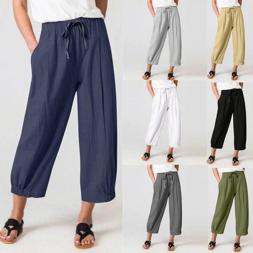 Damen elegante, lockere Palazzo-Hose mit elastischem Bund und Kordelzug EB