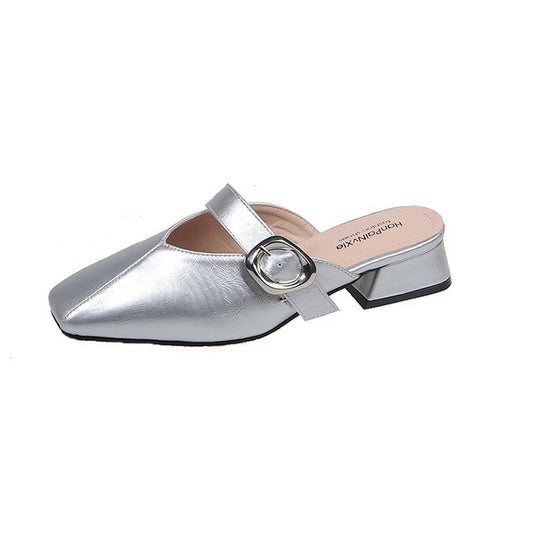 Damen elegante Mules mit quadratischer Zehenpartie und modischen Schnallenakzenten EB