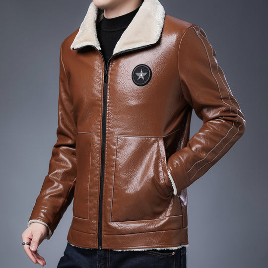 Herren Kunstleder‑Fliegerjacke mit durchgehendem Teddyfutter und Stehkragen EB