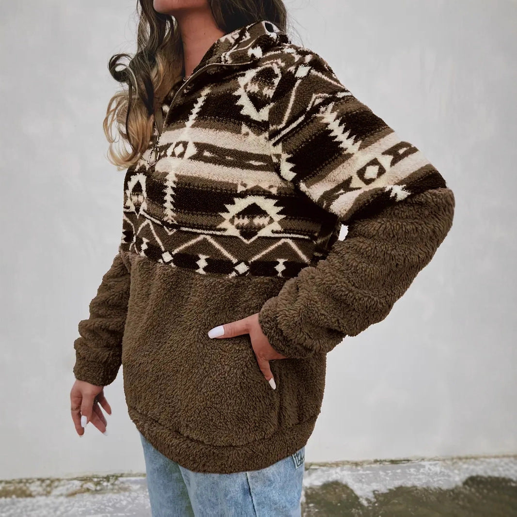 Damen Fleece-Pullover mit modernem Aztekenmuster und Stehkragen EB