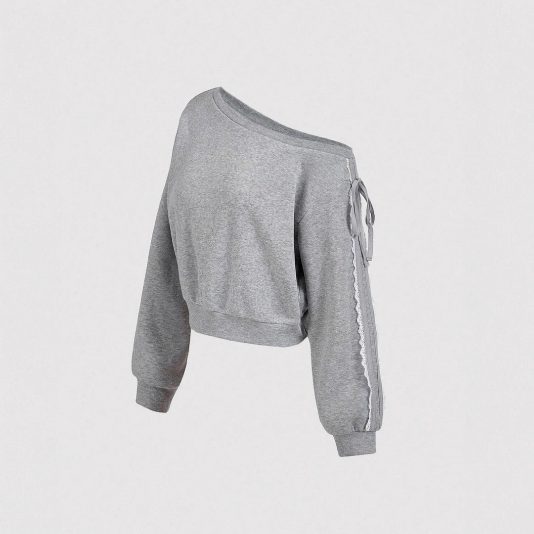 Damen Kurzgeschnittenes One-Shoulder Sweatshirt mit Ballonärmeln und Schnürdetail EB