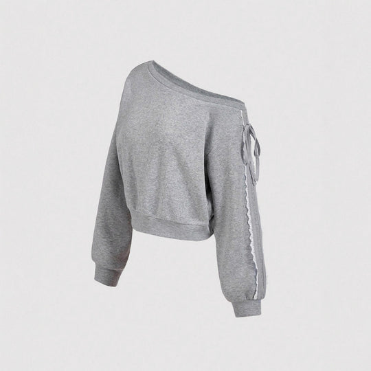 Damen Kurzgeschnittenes One-Shoulder Sweatshirt mit Ballonärmeln und Schnürdetail EB