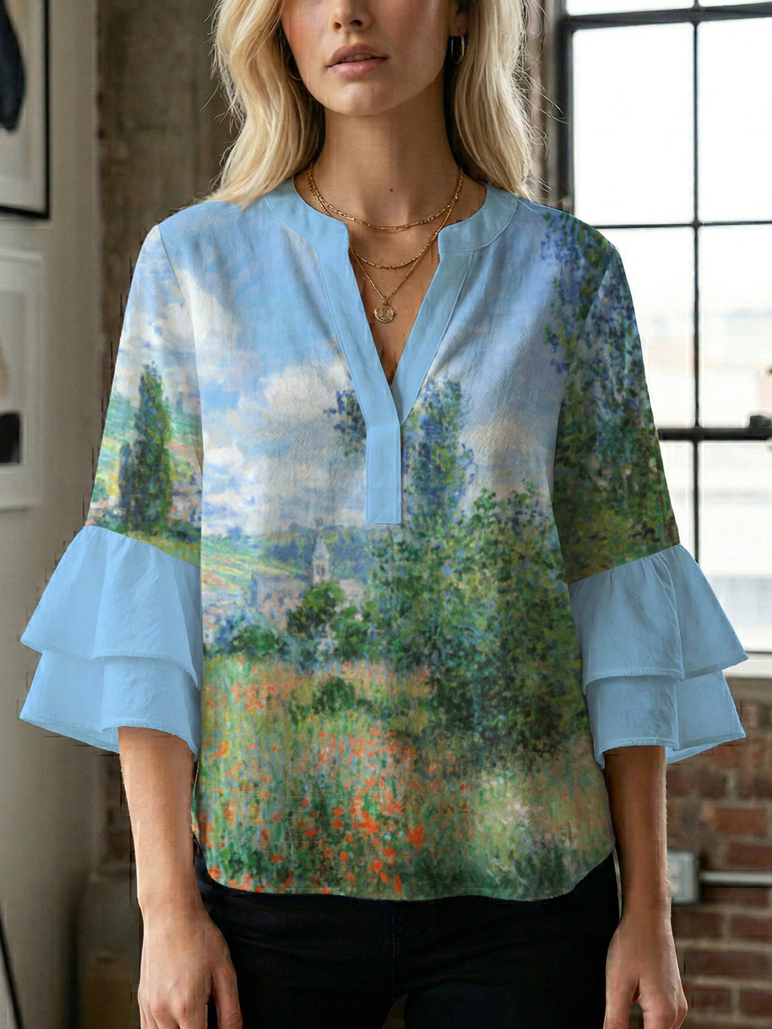 Damen lässige Bluse mit Volantärmeln und botanischem Druck EB
