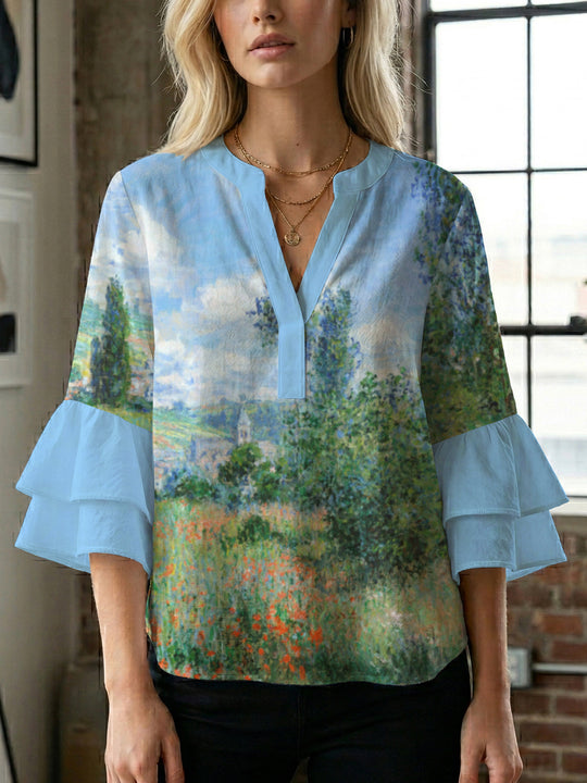 Damen lässige Bluse mit Volantärmeln und botanischem Druck EB