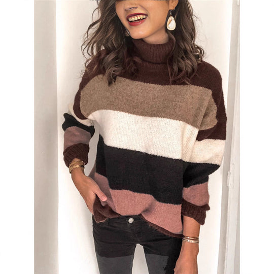 Damen modischer Strickpullover mit lässigem Rollkragen und farbiger Blockgestaltung EB