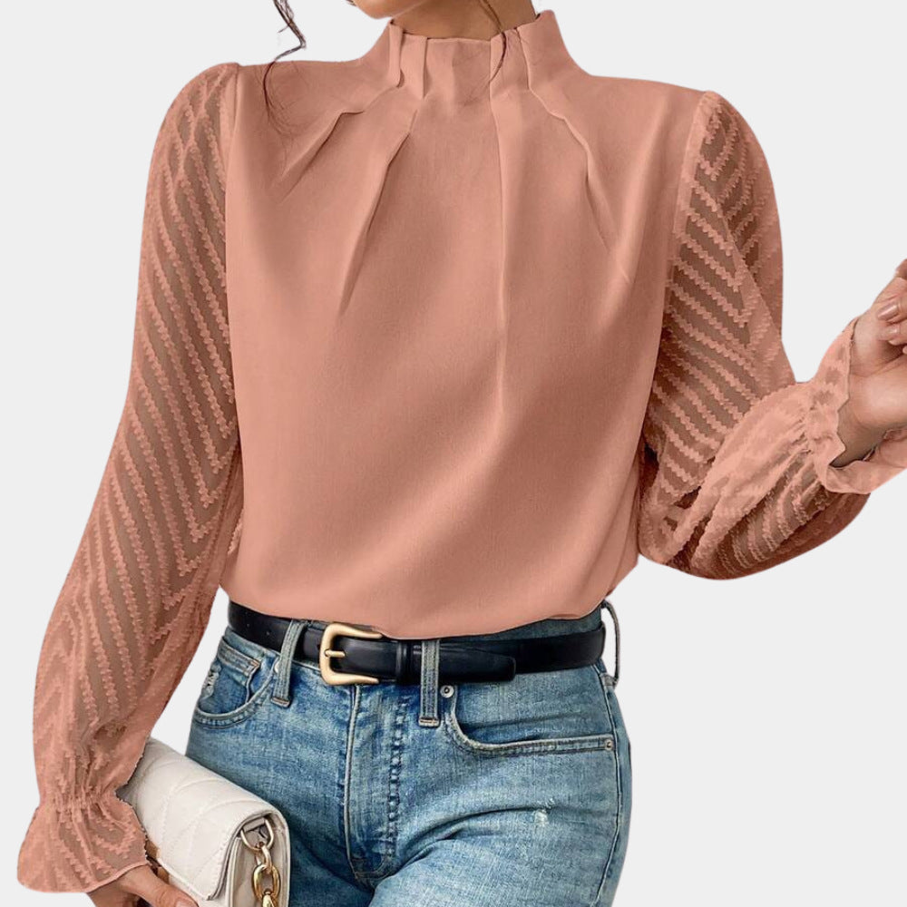 Damen Elegante Chiffonbluse mit Stehkragen, Faltenkante und transparenten Jacquard-Ärmeln EB