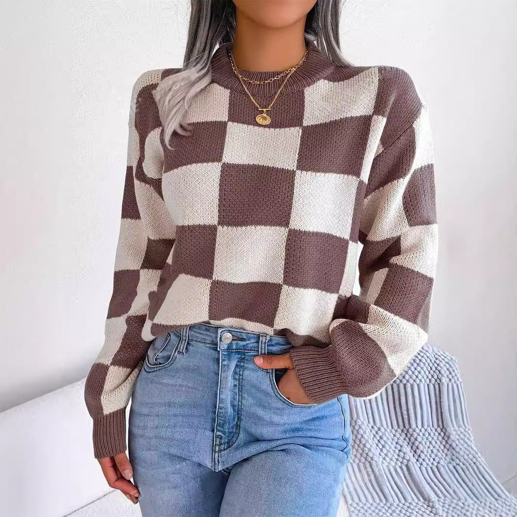 Damen modischer Pullover mit Karomuster und weitem Schnitt EB
