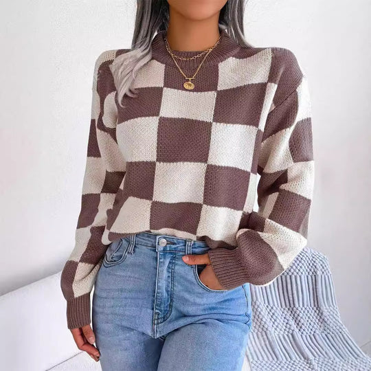 Damen modischer Pullover mit Karomuster und weitem Schnitt EB