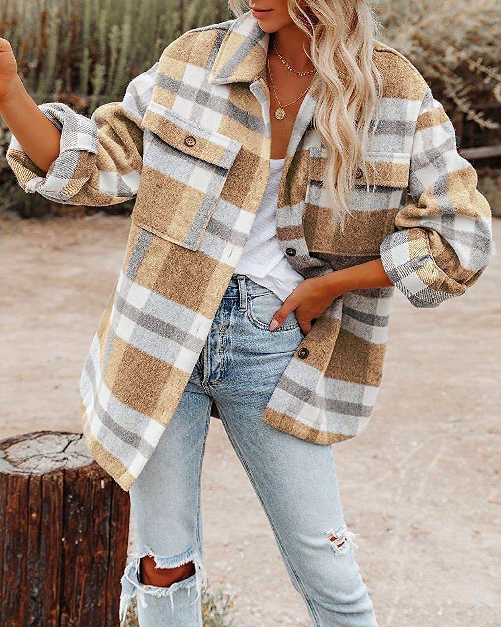 Damen Karomuster Oversized Hemdjacke EB
