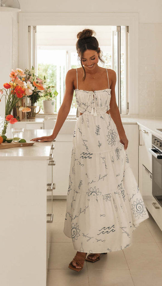Damen Maxikleid mit verspieltem Cut-Out-Design und dekorativem Kordelzug EB