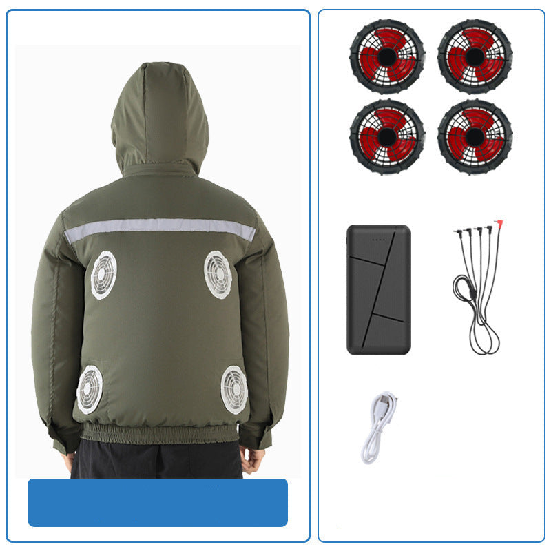 Unisex nan ventilated jacket for work and outdoor with integrated USB fans, battery compartment and hood EB