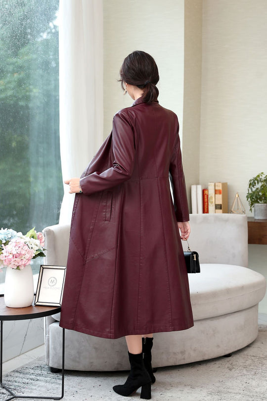 Damen Eleganter Langmantel aus Kunstleder mit tailliertem Schnitt und Knopfverschluss EB