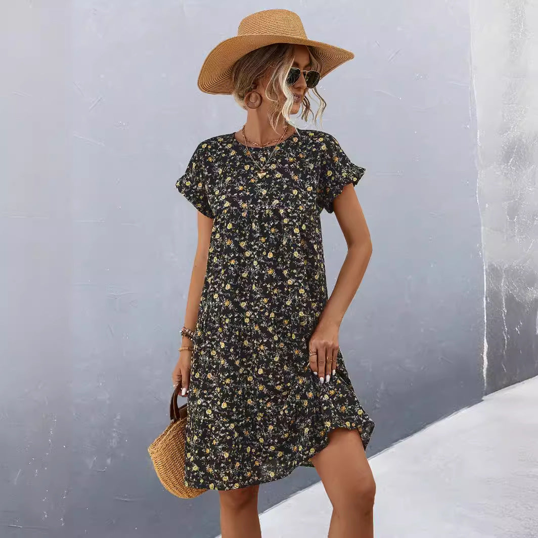 Damen Freizeitkleid mit voluminösem Rock und floralem Design EB
