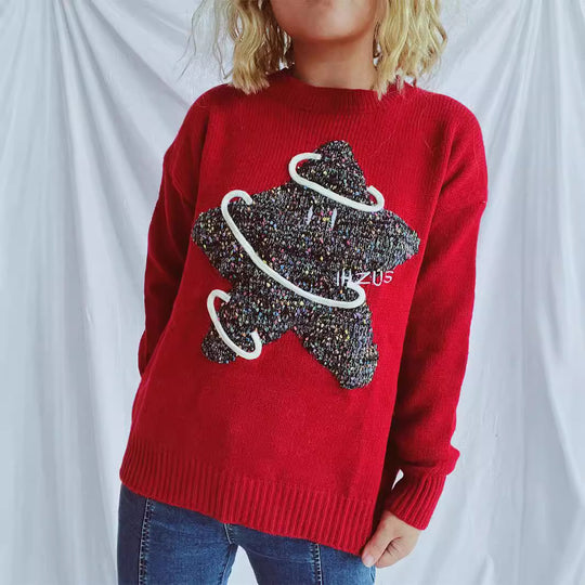 Damen Strickpullover mit kreativem Motiv und lässigem Schnitt EB