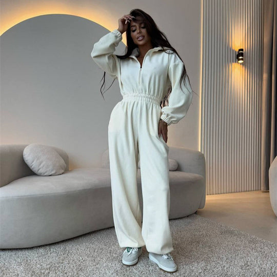 Damen Oversized Loungewear-Jumpsuit mit halbem Reißverschluss und elastischer Taillenraffung EB