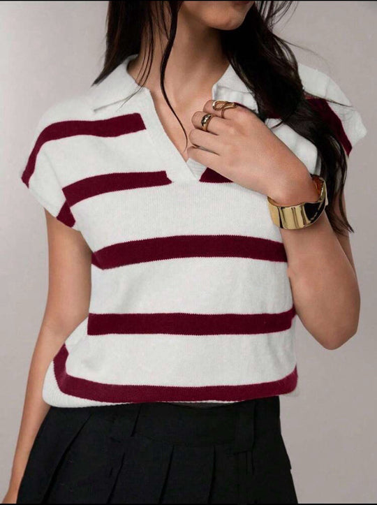 Damen Gestreiftes Kurzarm-Stricktop mit V-Kragen und überschnittener Schulter EB