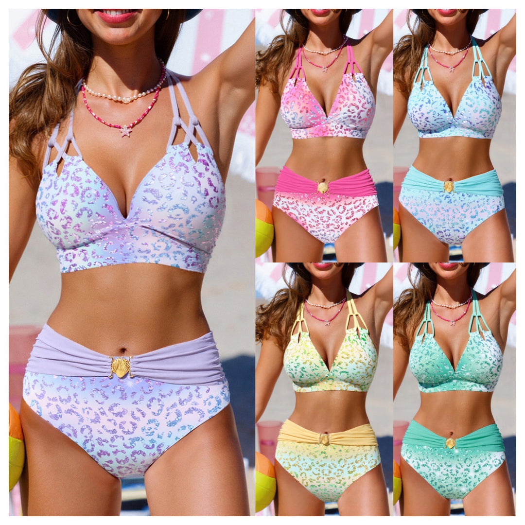 Damen Hochgeschnittenes Bikini-Set mit modischen Riemen EB