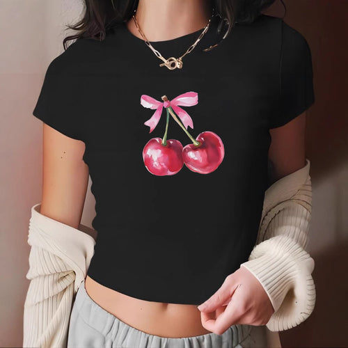 Damen Crop-T-Shirt mit fröhlichem Kirschmotiv EB