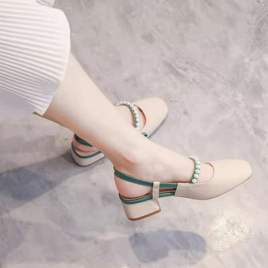 Damen Slingback-Pumps mit eleganten Perlenschmuck und komfortablem Blockabsatz EB