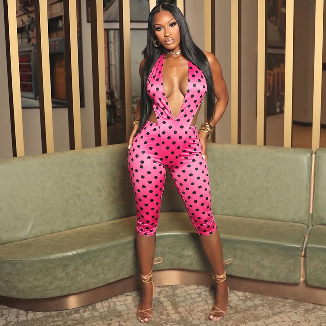 Damen figurbetonter Jumpsuit mit tiefem V-Ausschnitt und Bindegürtel EB