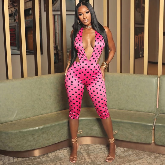 Damen figurbetonter Jumpsuit mit tiefem V-Ausschnitt und Bindegürtel EB