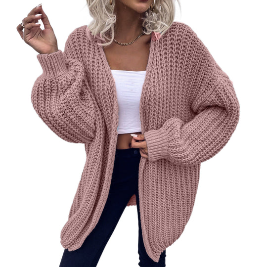 Damen lässiger Grobstrick-Cardigan mit tiefen Taschen und voluminösen Ärmeln EB