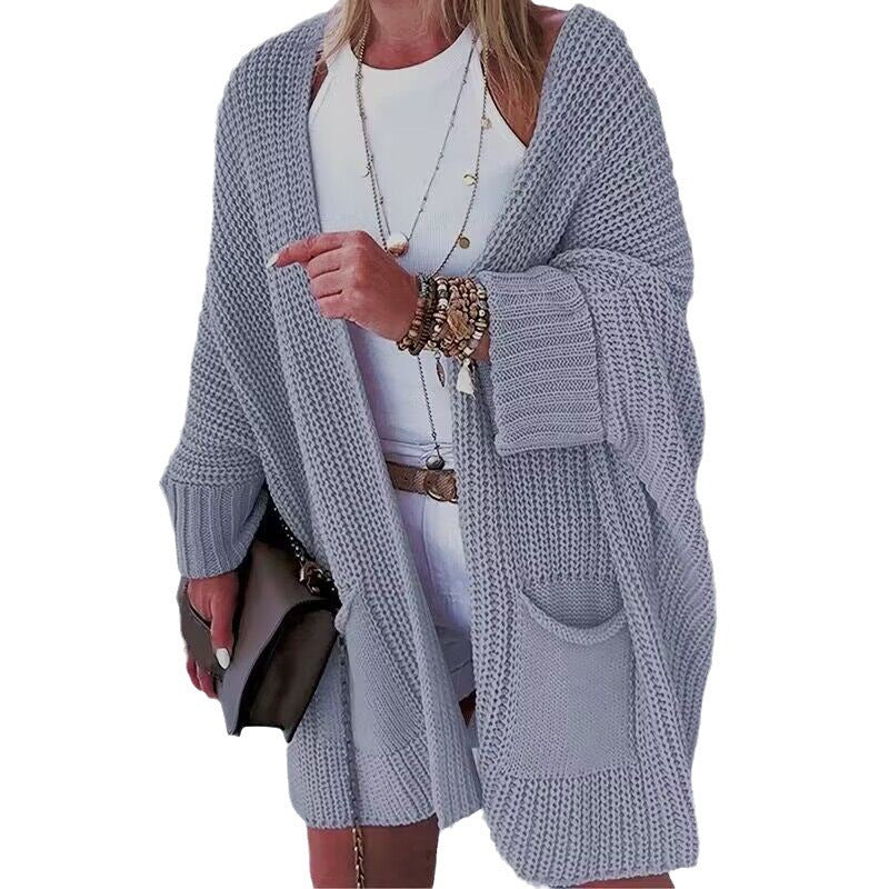 Damen Oversize Grobstrick-Cardigan mit weitem Schalkragen und aufgesetzten Taschen EB