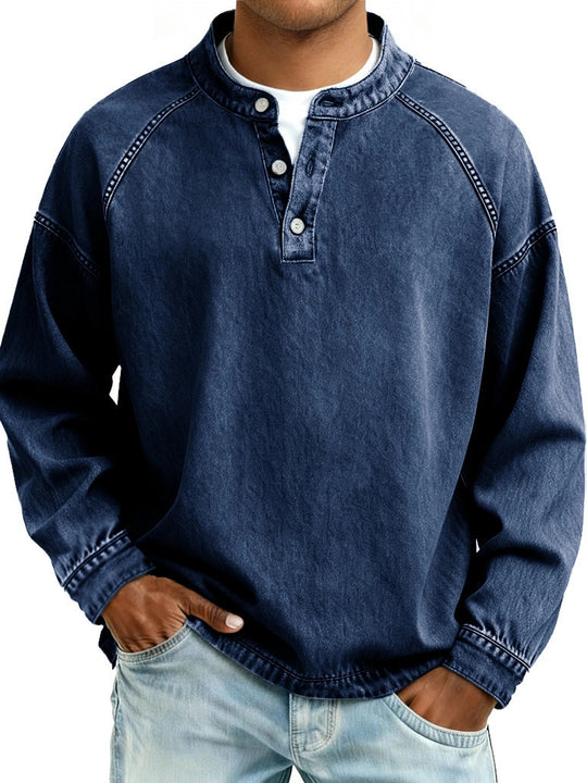 Herren nan verwaschenes Henley-Shirt mit Stehkragen, lockerer Passform und Knopfleiste EB