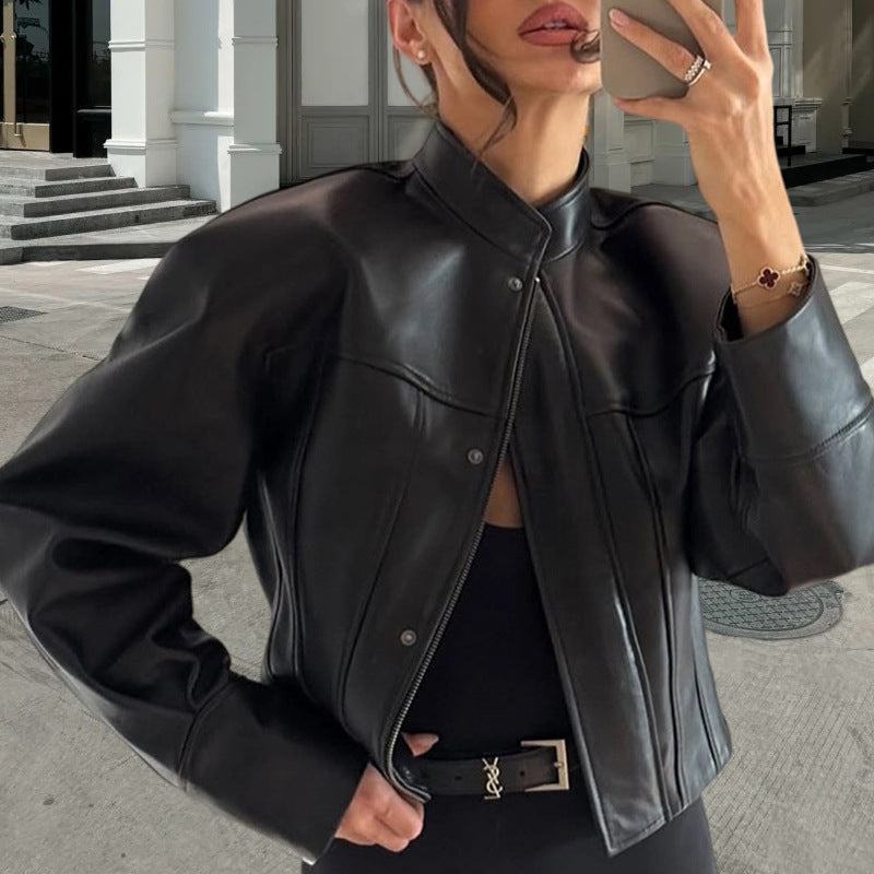 Damen moderne Kunstlederjacke mit elastischem Bund EB
