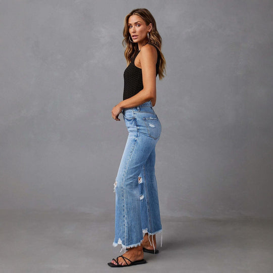 Damen nan hochgeschnittene ausgestellte Destroyed-Jeans mit Knieausfransungen und rohem Saum EB